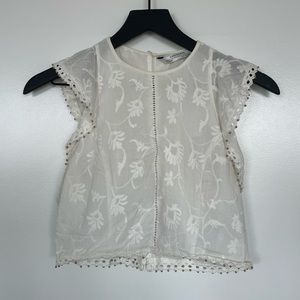 Zara, cropped, white, floral embroidered top with gold bead detailing | size S